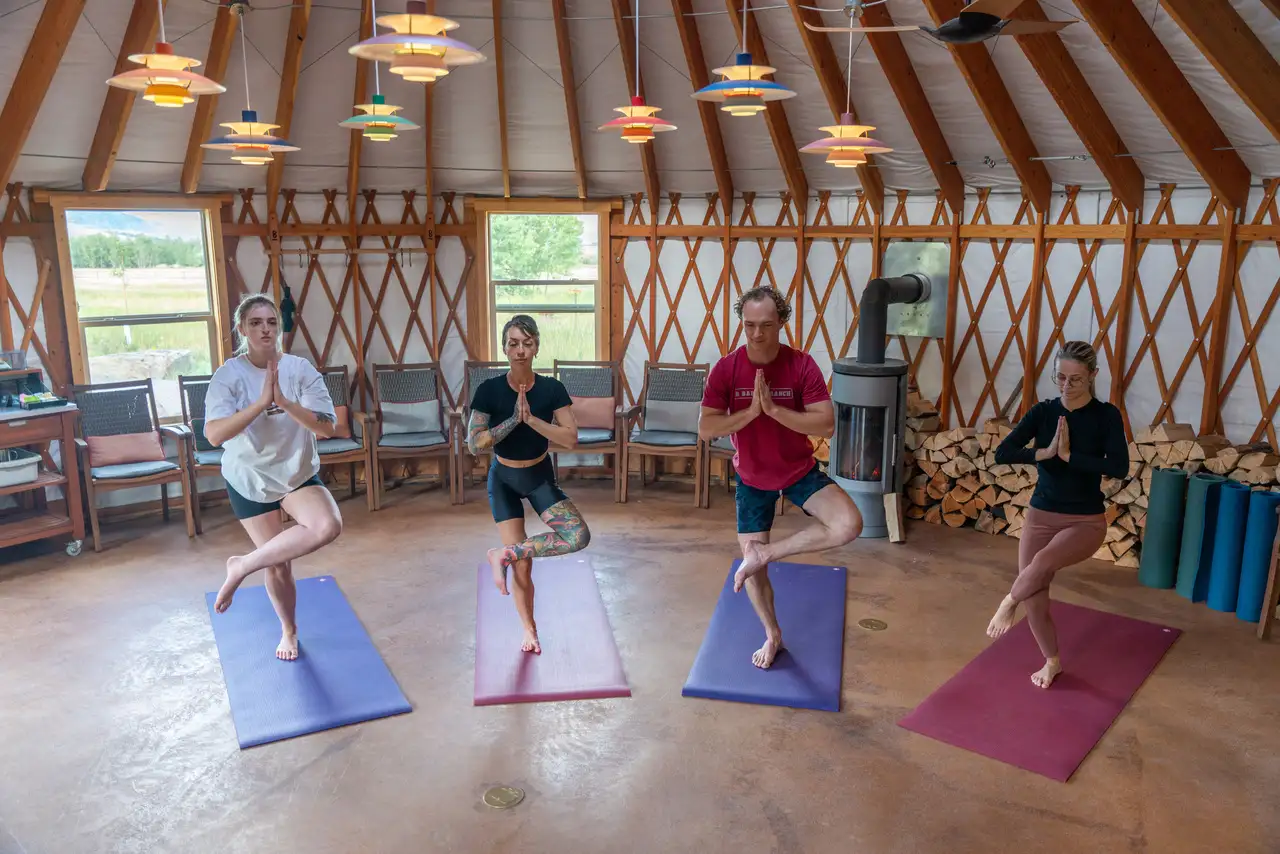 A group of people doing yoga poses in a room with a wooden floor and walls