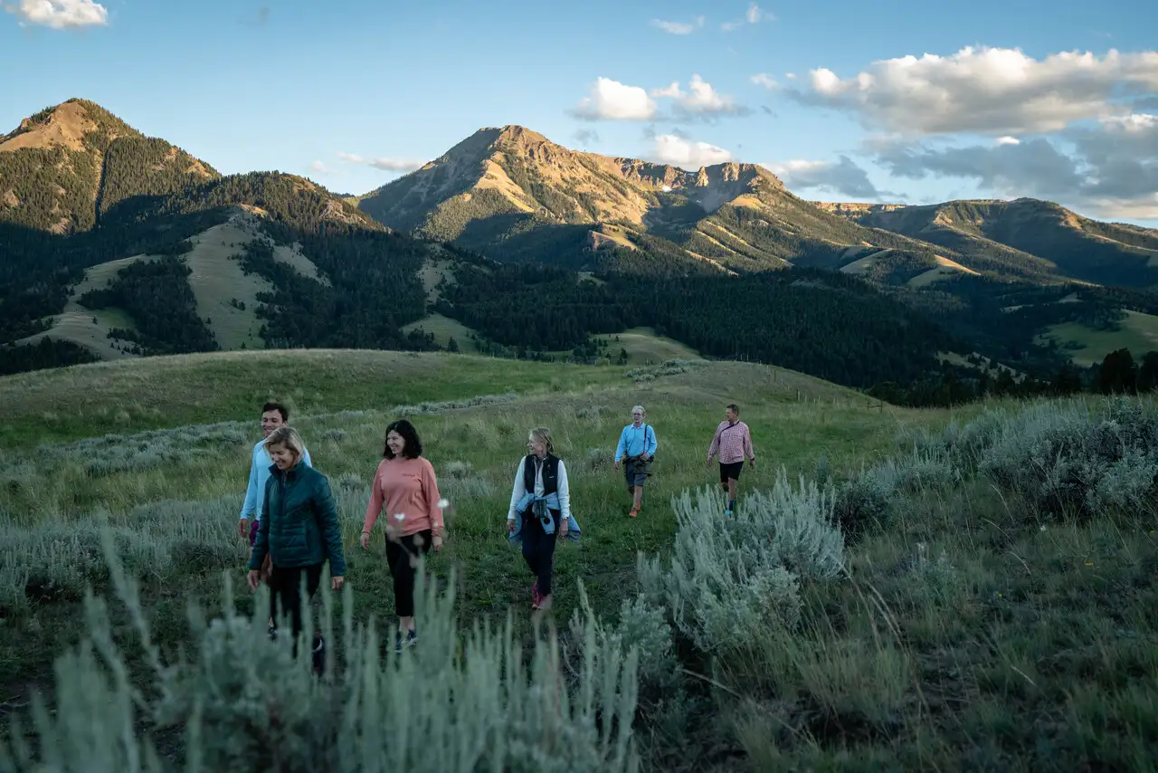 A group of people walking in a field with mountains in the background