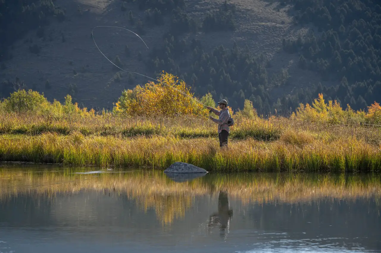 A man is fishing in a river surrounded by tall grass and trees