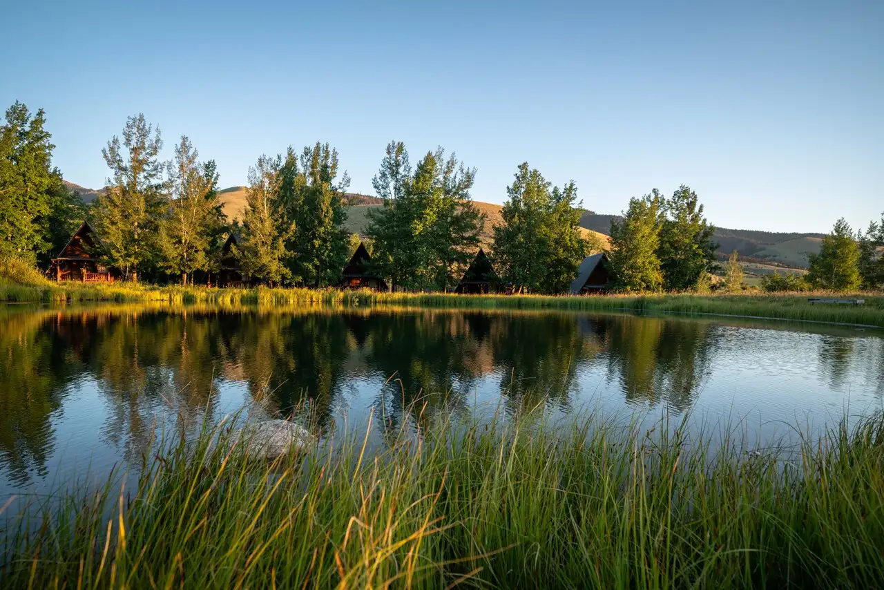 A lake surrounded by grass, trees, and cabins