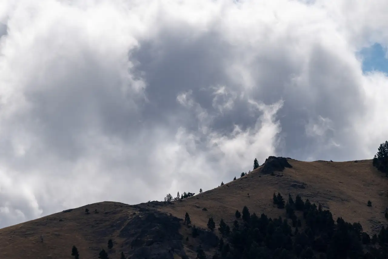 A mountain covered in trees and grass with a cloudy sky above it