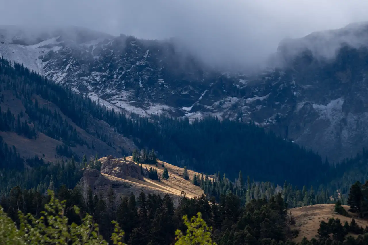 A mountain range with a valley in between, covered in trees and shrubs