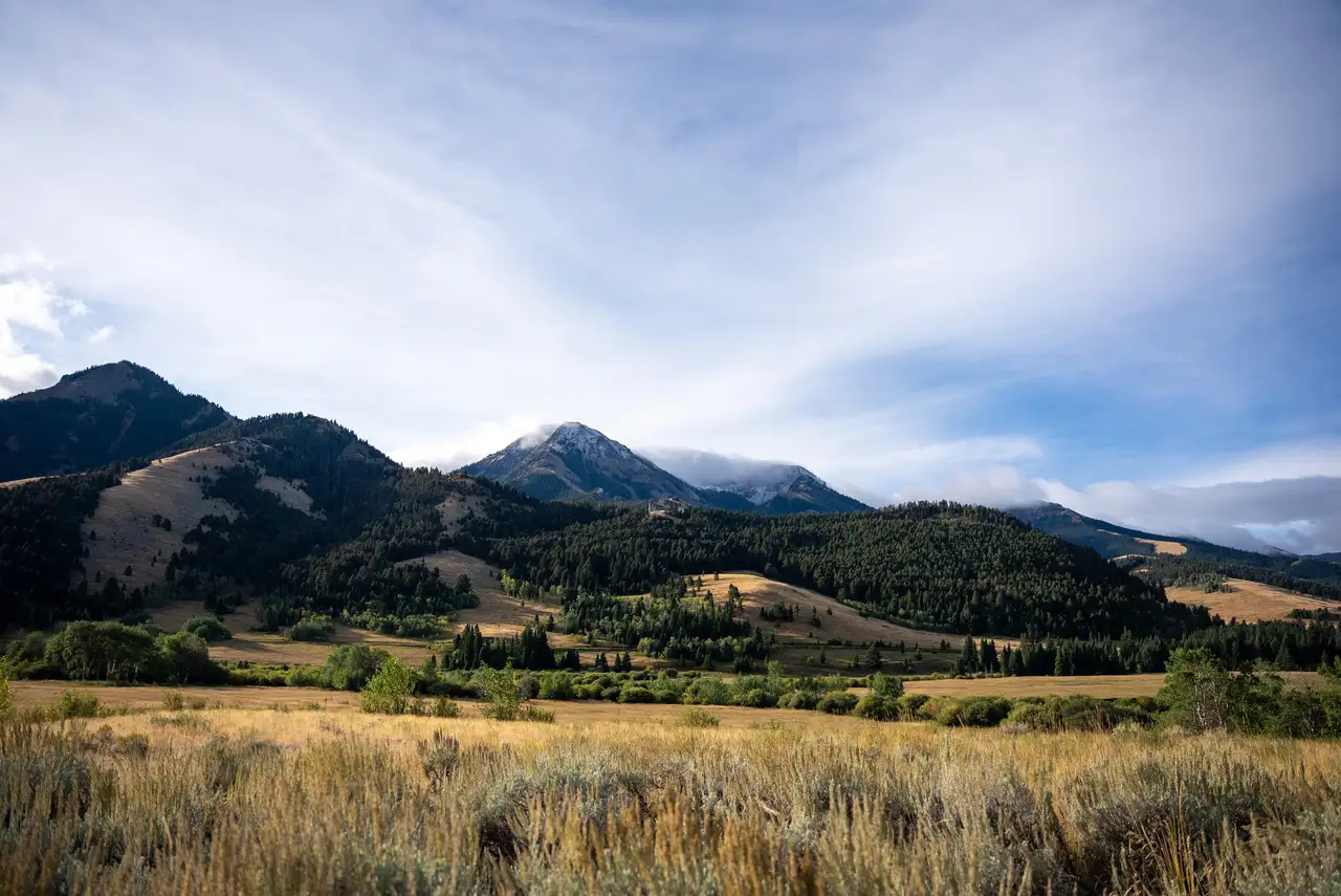 A mountain range with a cloudy sky and dry grass in the valley