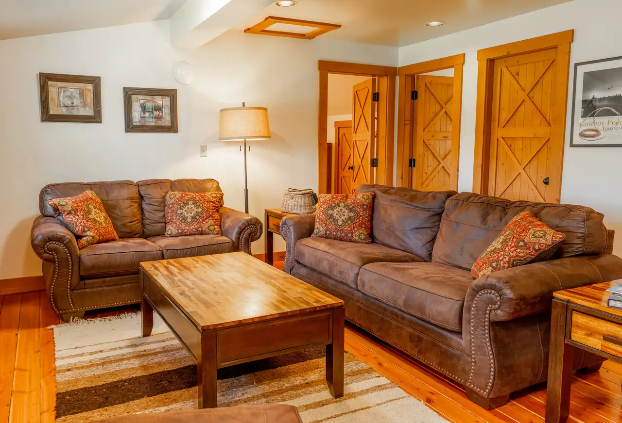 Living room with wooden furniture and floor