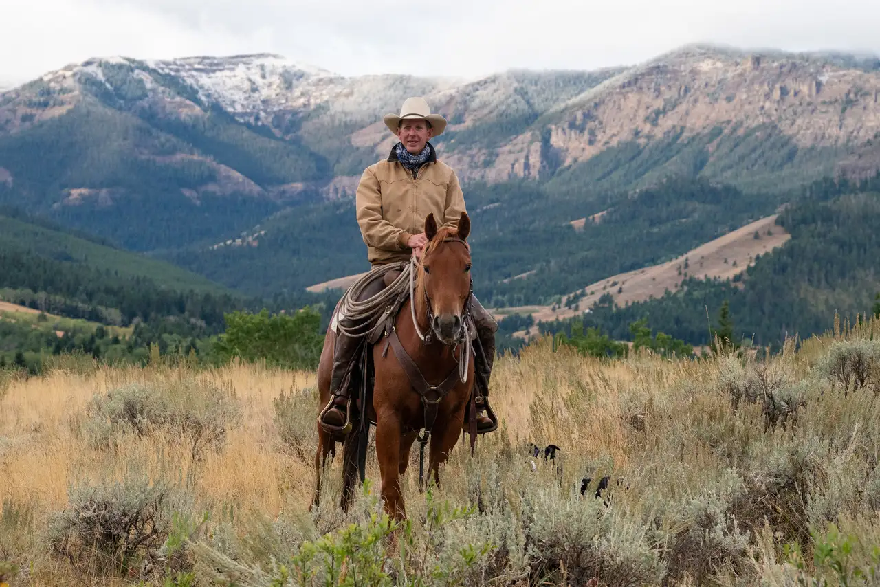 A man riding a horse in a field with mountains in the background