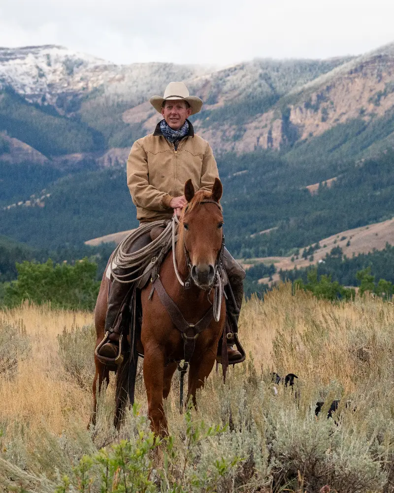 A man on a horse in a field with mountains in the background