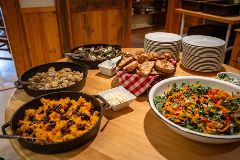 A table full of food with a variety of dishes and a basket of bread