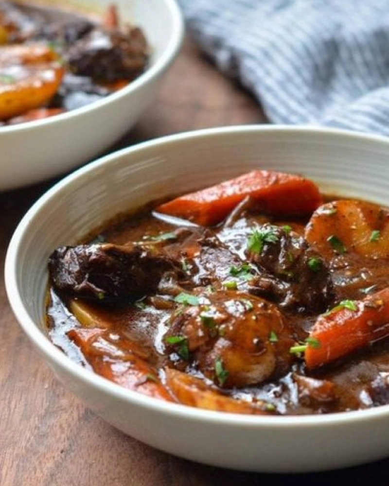 A bowl of beef stew with carrots, onions, and herbs