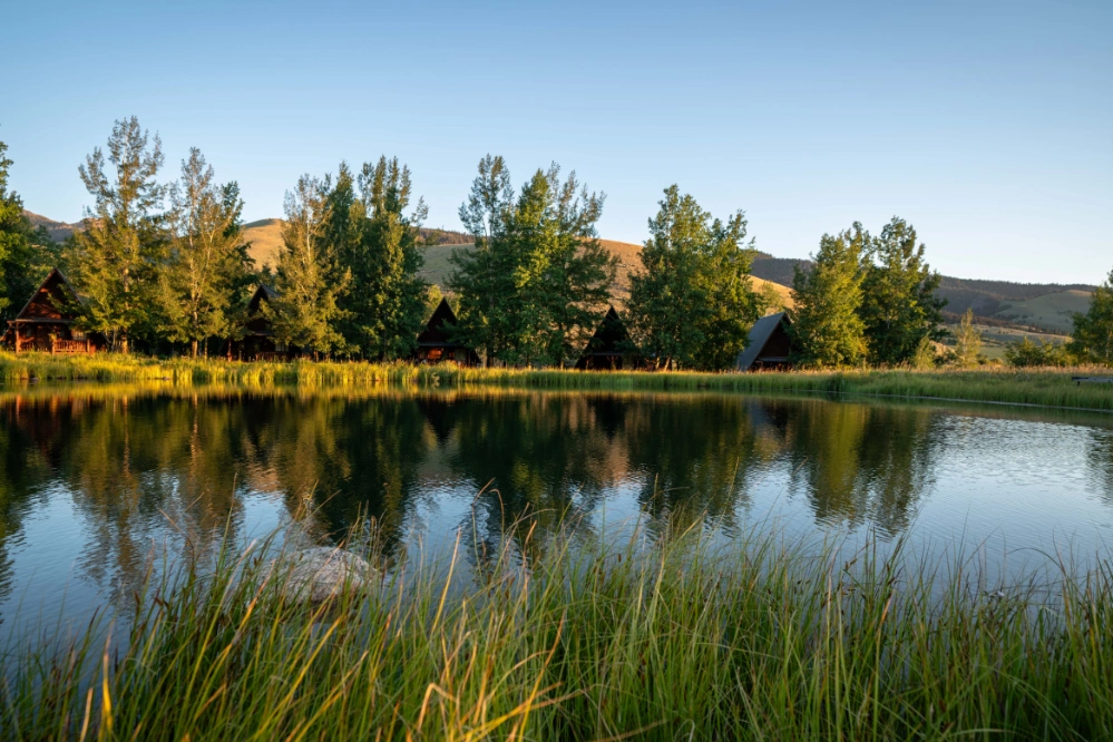 A lake surrounded by grass and trees, with cabins in the background