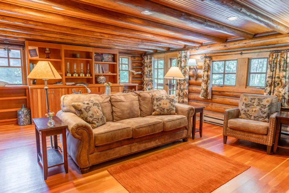 A living room with a brown couch and a chair, a rug on the floor, and a lamp on the table