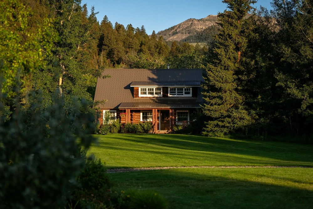 A house on a hillside with a green lawn and a driveway