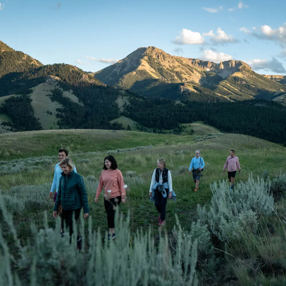 A group of people walking in a field with mountains in the background