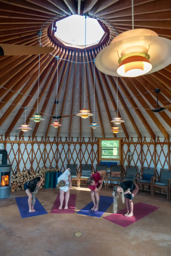 Yoga class in a round room