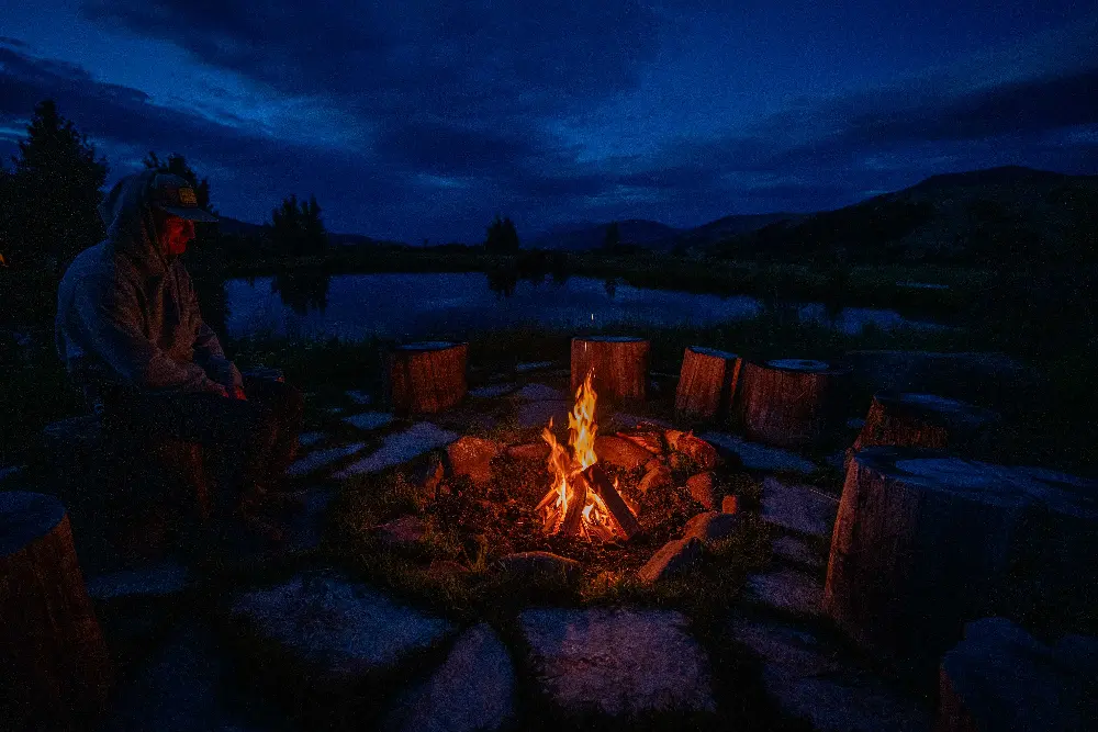 A fire pit with a fire burning in it, surrounded by logs and rocks in a field with a lake in the background