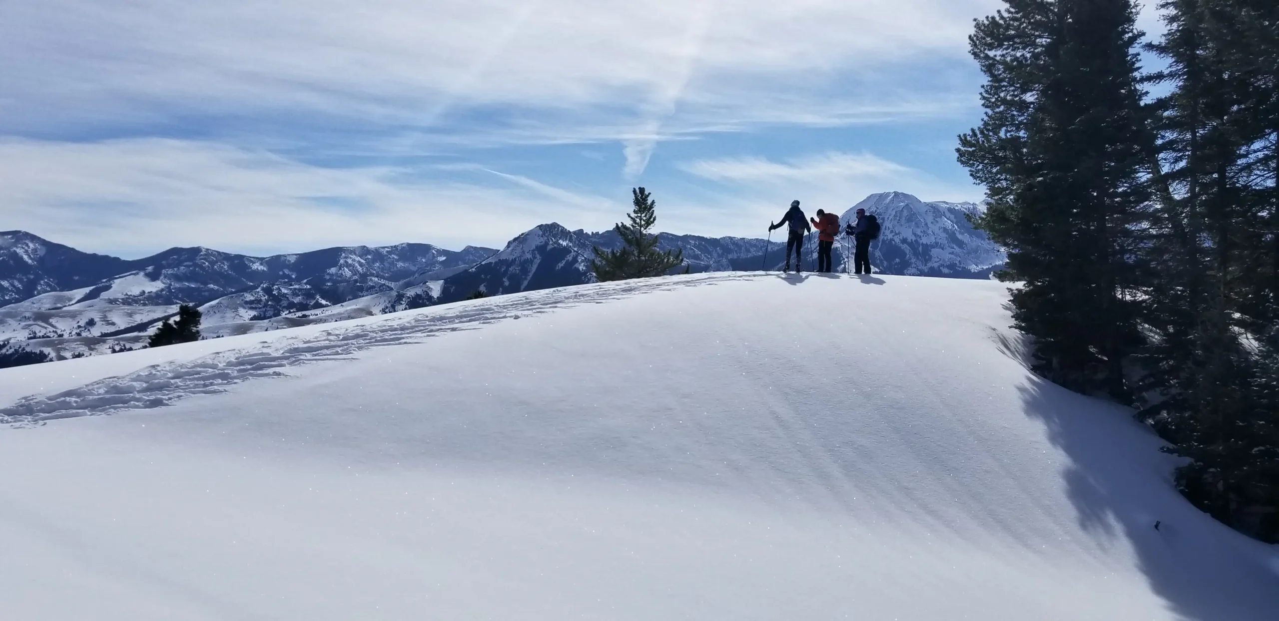 Three skiers standing on top of a hill.