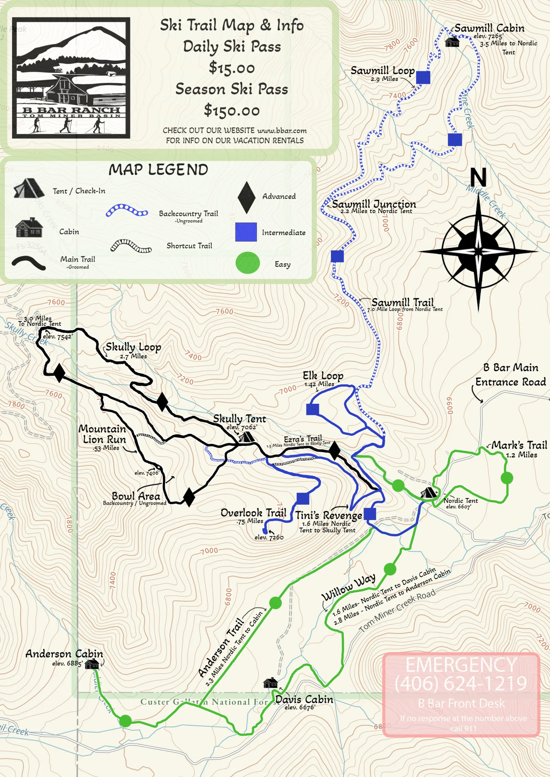 A map of a mountain trail with various paths and destinations marked.